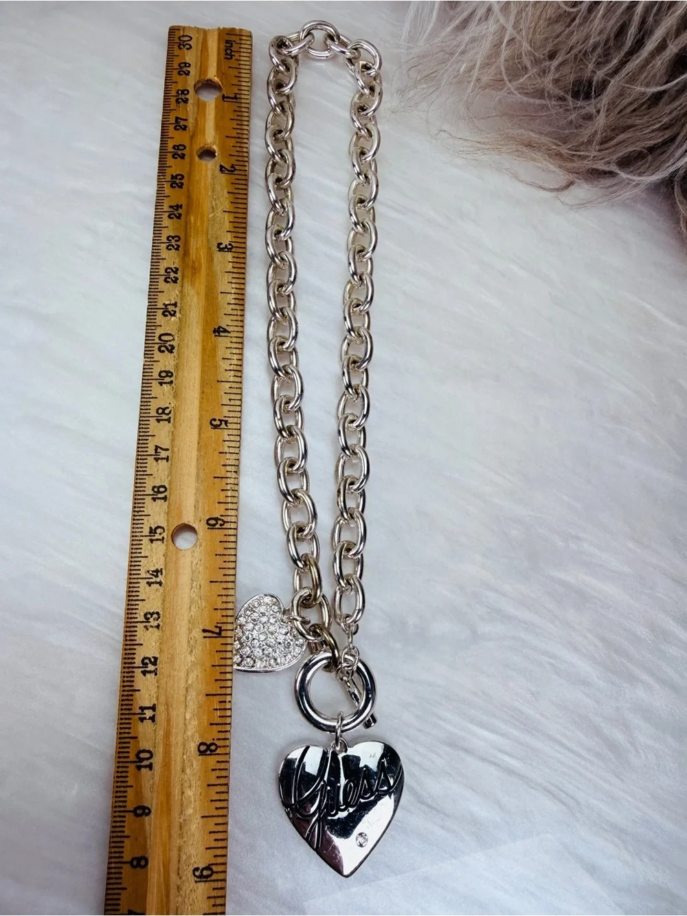 GUESS Silver Tone Chunky Chain Double Heart Toggle Charm Statement Necklace